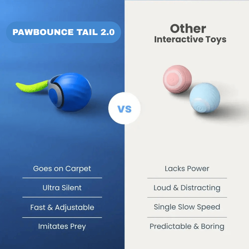 Comparison of PAWBOUNCE TAIL 2.0 and other interactive toys highlighting features and benefits.